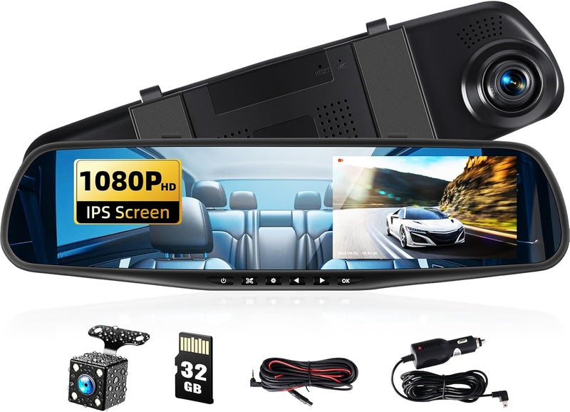 UNITOPSCI Mirror Dash Cam 4.5 Inch Rear View Mirror Camera 1080P Front and 480P Rear View Dual Cameras with 32G Card, Motion Detection, Night Vision, Parking Assistance, Loop Recording，Exposure Adjustment - Image 1